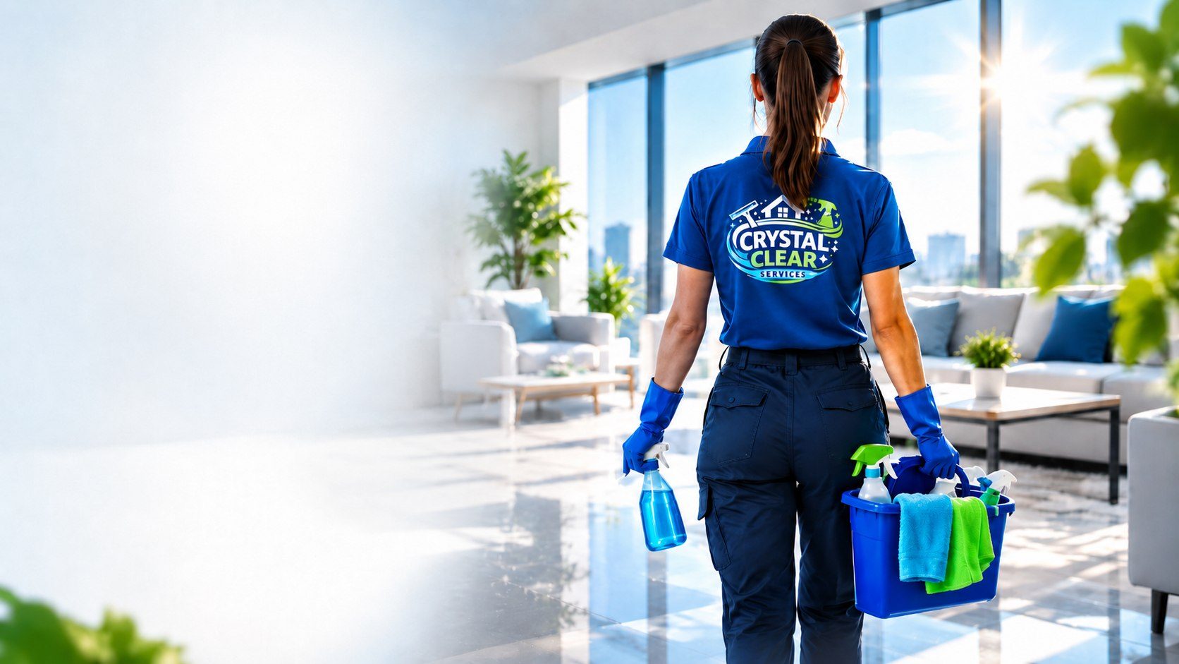 Служителка на Crystal Clear Services с професионални препарати в почистен светъл апартамент